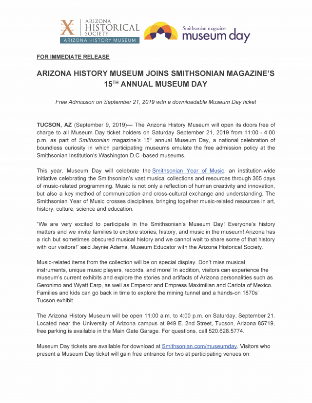 ARIZONA HISTORY MUSEUM JOINS SMITHSONIAN MAGAZINE’S 15TH ANNUAL MUSEUM DAY